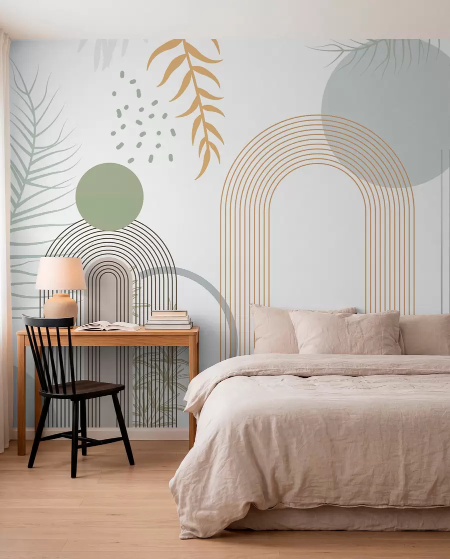Papier peint Impression abstraite avec des formes géométriques, des arcs et des feuilles tropicales sur fond blanc w08835