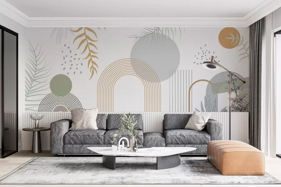 Papier peint Impression abstraite avec des formes géométriques, des arcs et des feuilles tropicales sur fond blanc w08835