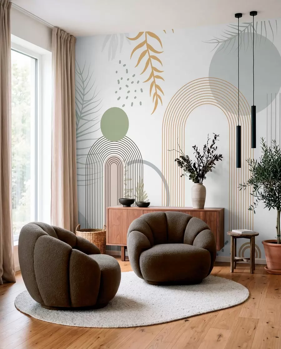 Papier peint Impression abstraite avec des formes géométriques, des arcs et des feuilles tropicales sur fond blanc w08835