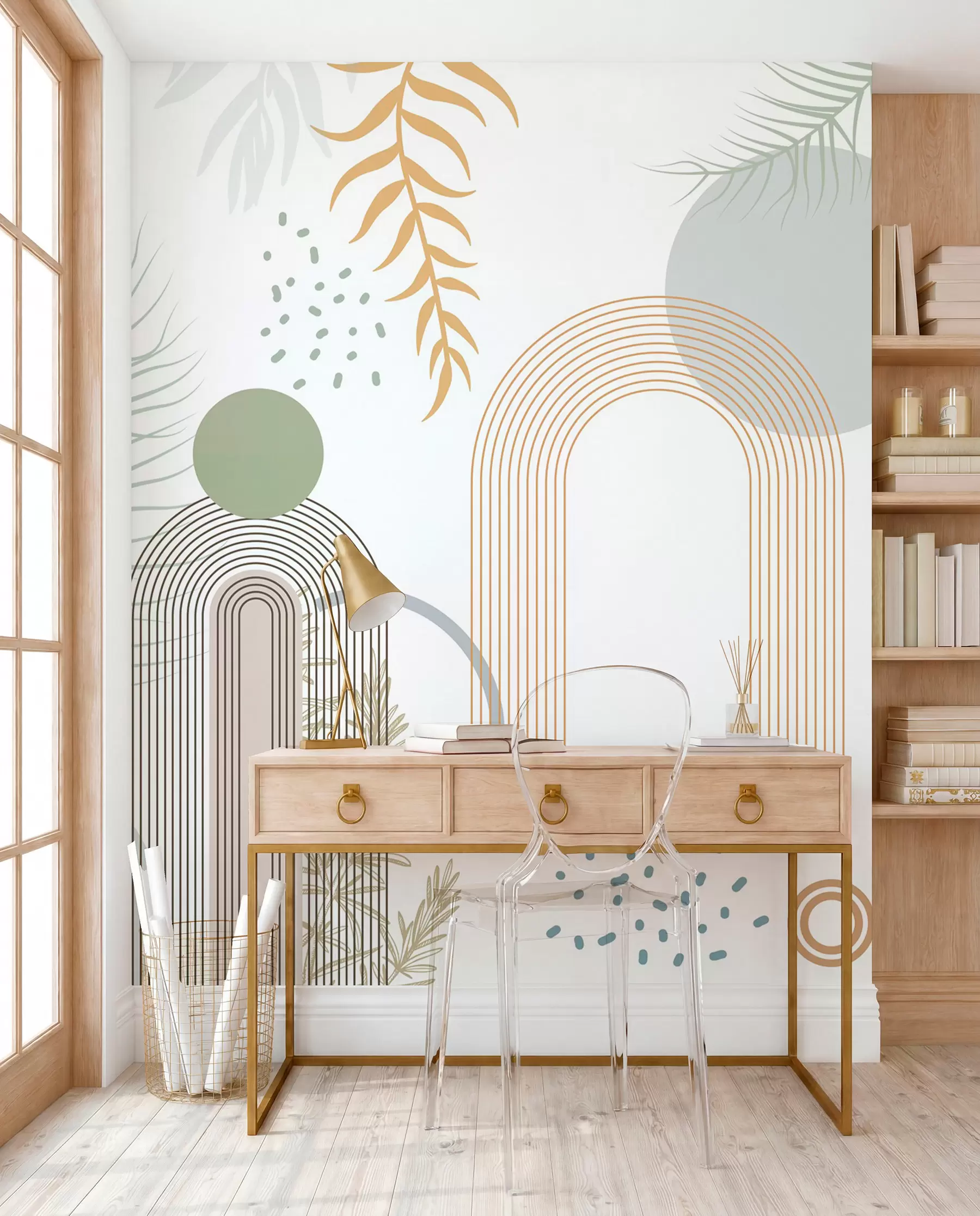 Papier peint Impression abstraite avec des formes géométriques, des arcs et des feuilles tropicales sur fond blanc w08835