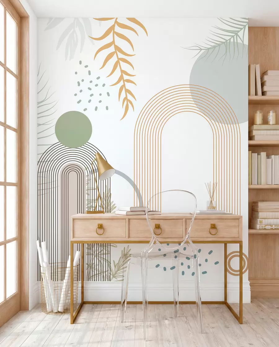 Papier peint Impression abstraite avec des formes géométriques, des arcs et des feuilles tropicales sur fond blanc w08835