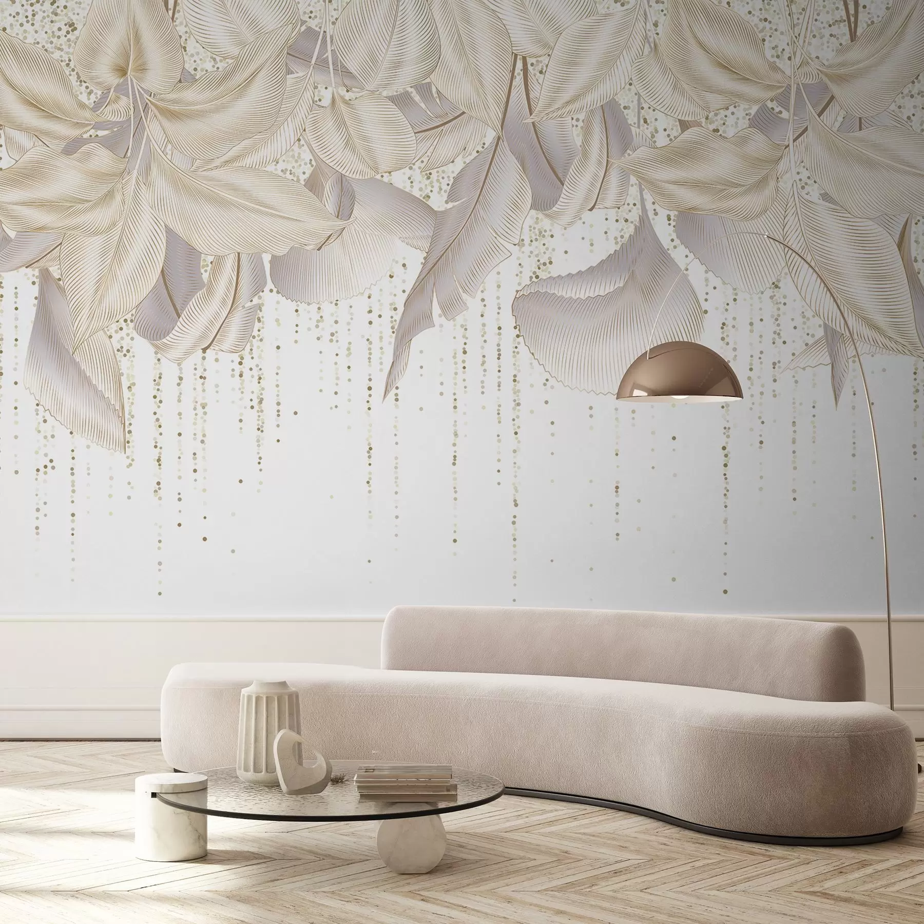 Papier peint Texture de feuilles tropicales détaillées en blanc et de points jaunes sur un fond blanc w08836