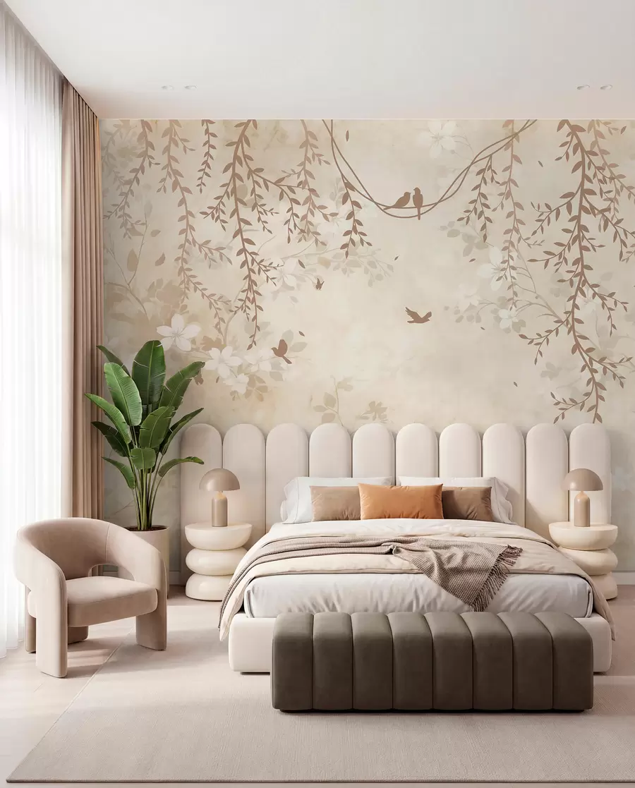 Papier peint Oiseaux avec plantes suspendues et motif floral dans les tons beige-crème clair w08809
