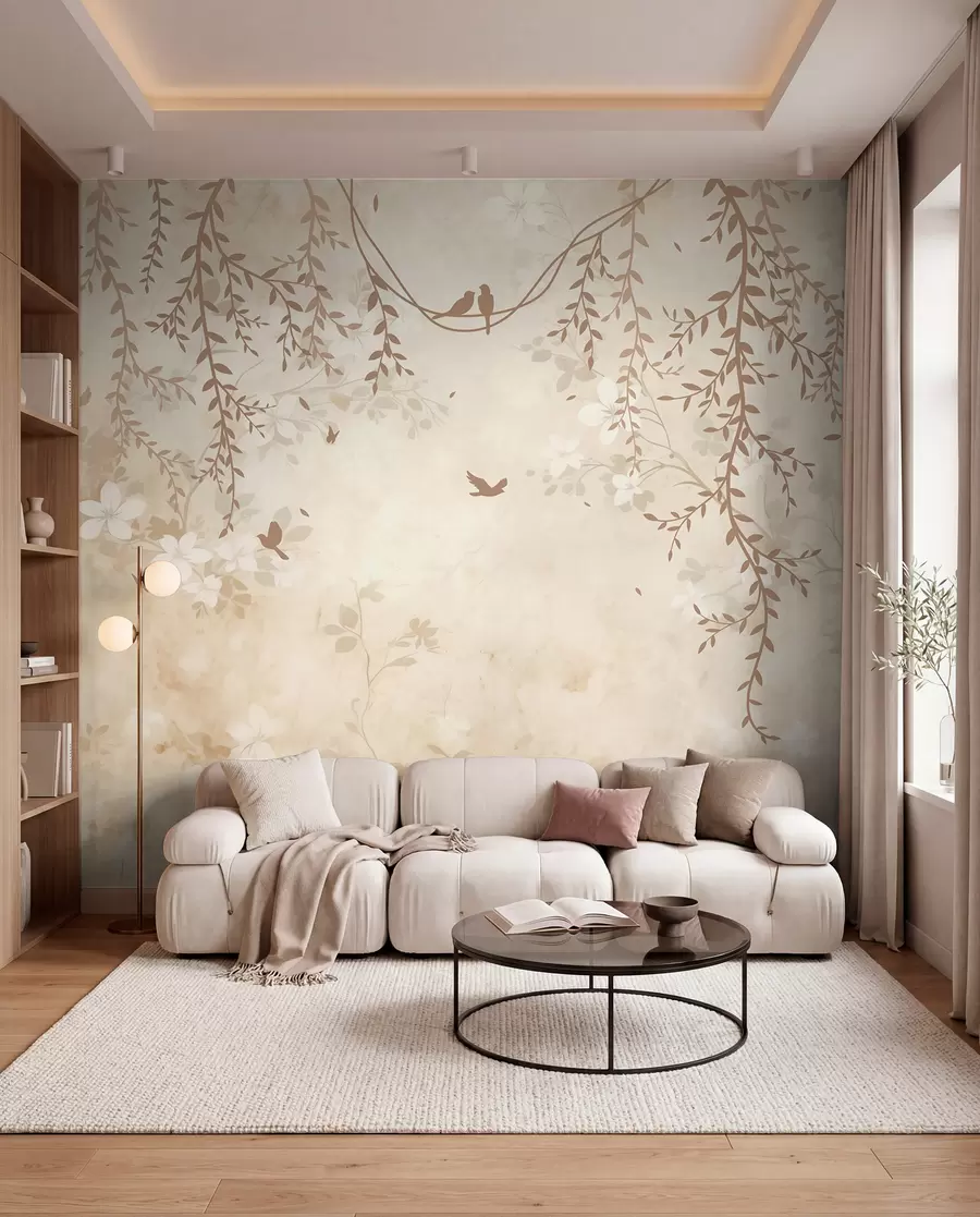 Papier peint Oiseaux avec plantes suspendues et motif floral dans les tons beige-crème clair w08809