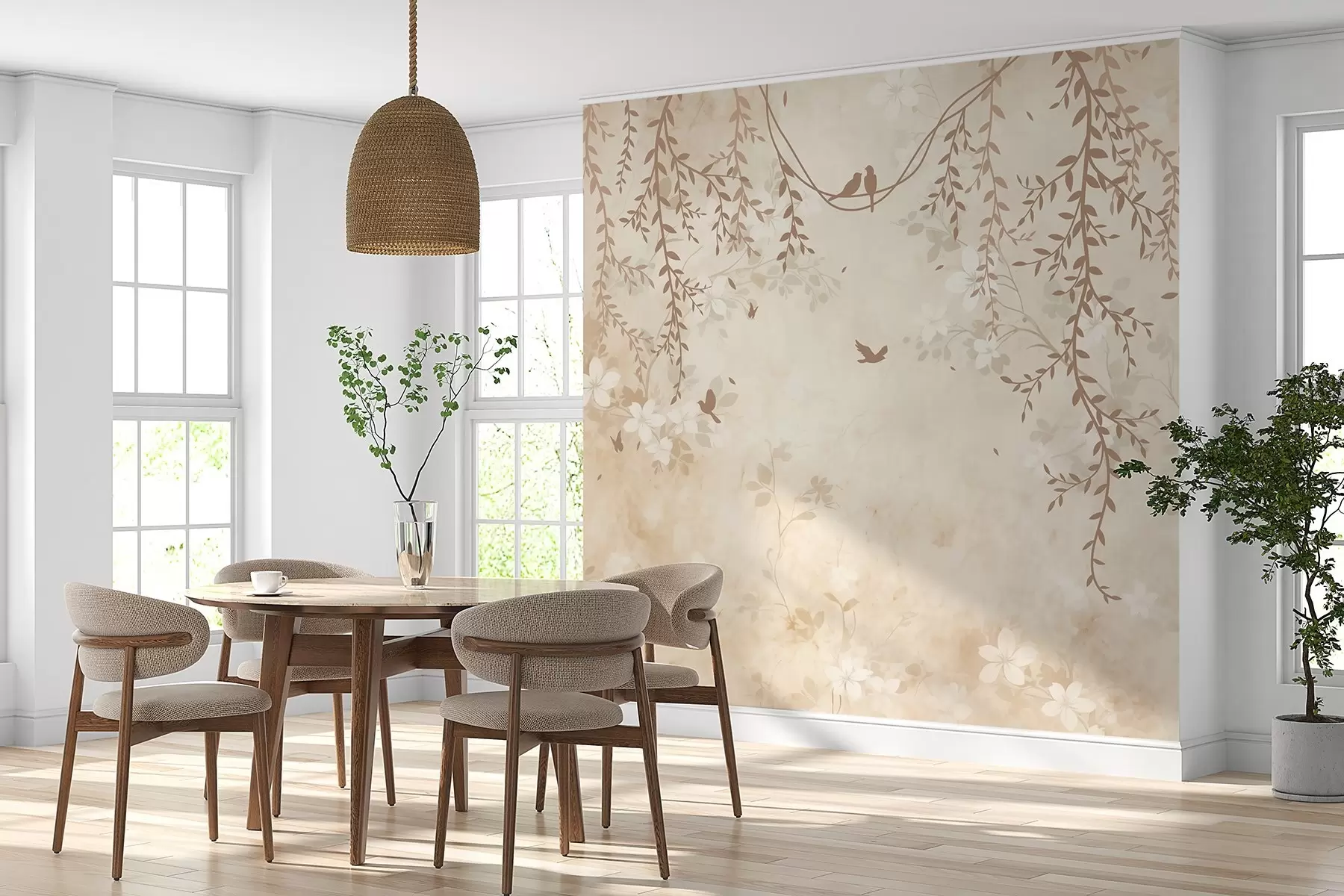 Papier peint Oiseaux avec plantes suspendues et motif floral dans les tons beige-crème clair w08809
