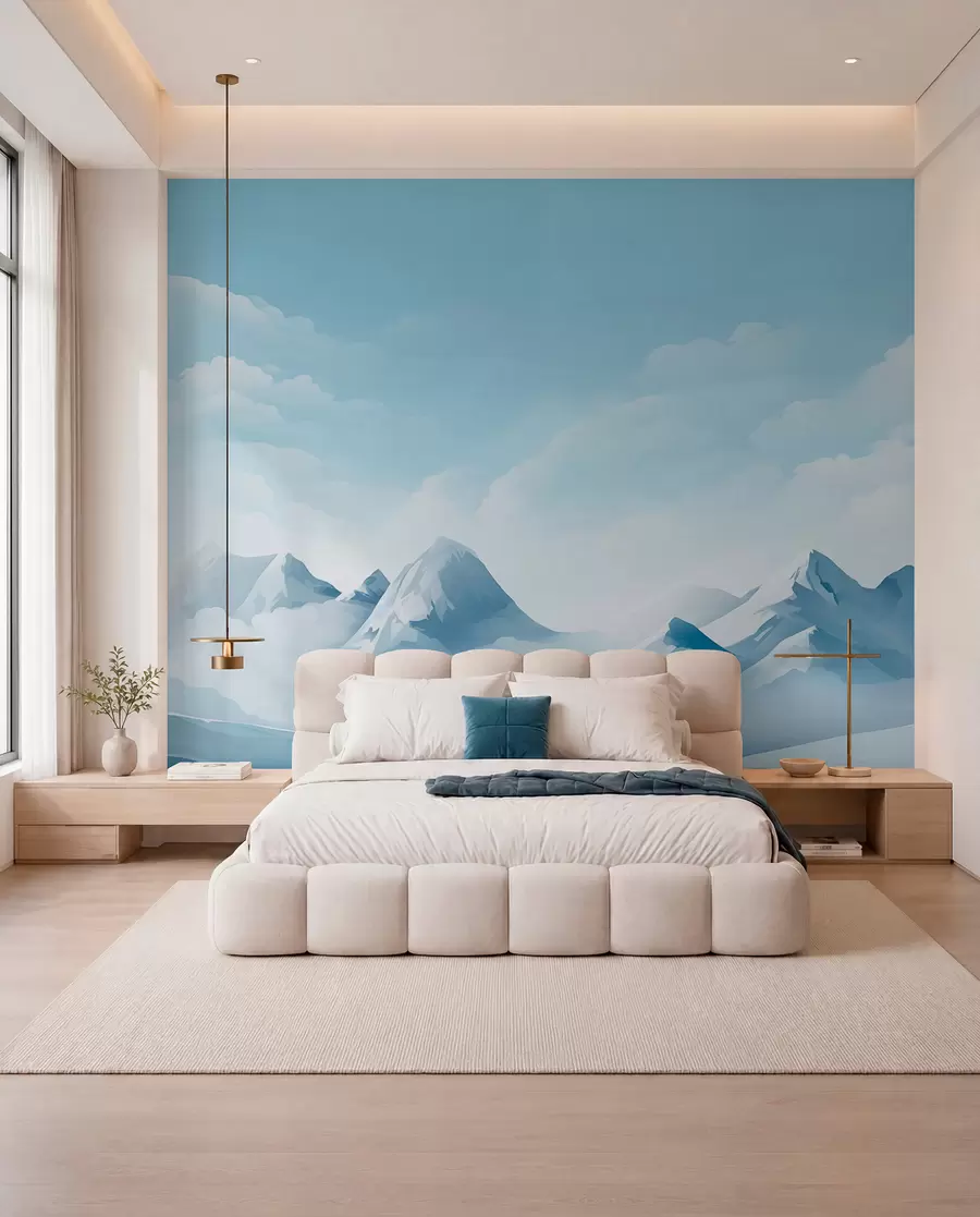 Papier peint Nuages bleus minimalistes et montagnes, temps glacial w08811