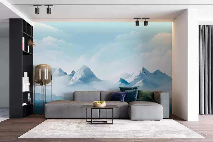 Papier peint Nuages bleus minimalistes et montagnes, temps glacial w08811