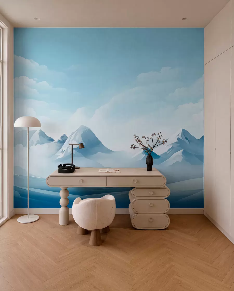 Papier peint Nuages bleus minimalistes et montagnes, temps glacial w08811