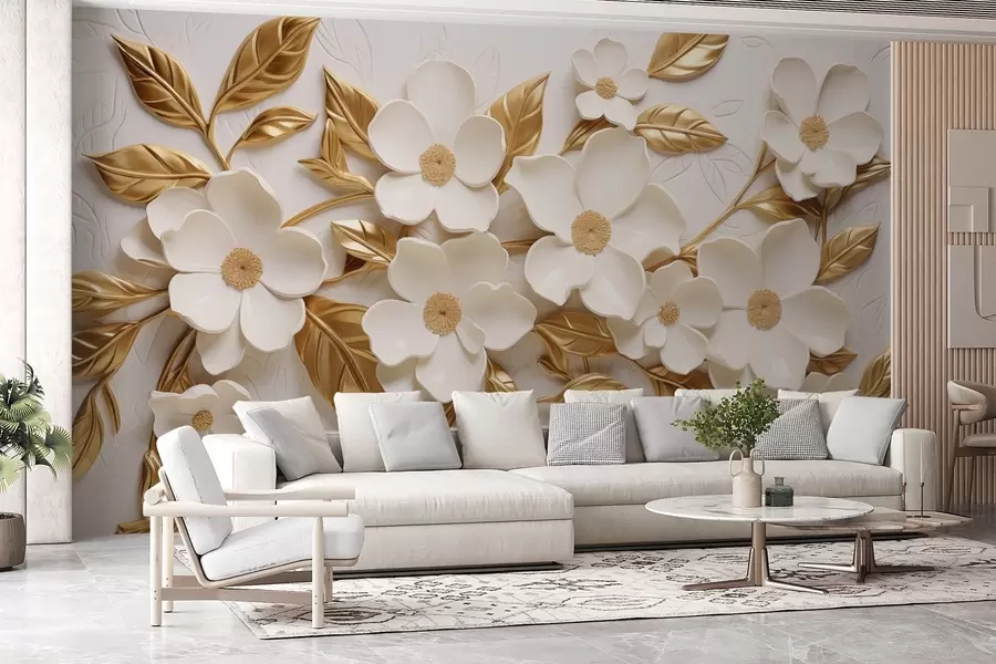 Papier peint fleurs blanches en 3D avec feuilles jaunes en relief w08814