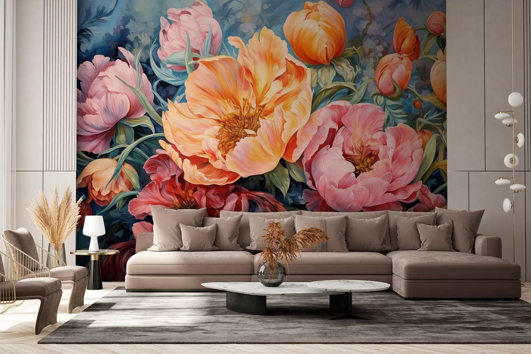 Papier peint Tulipes et pivoines, une composition florale dans le style du coup de pinceau à l'huile w08817