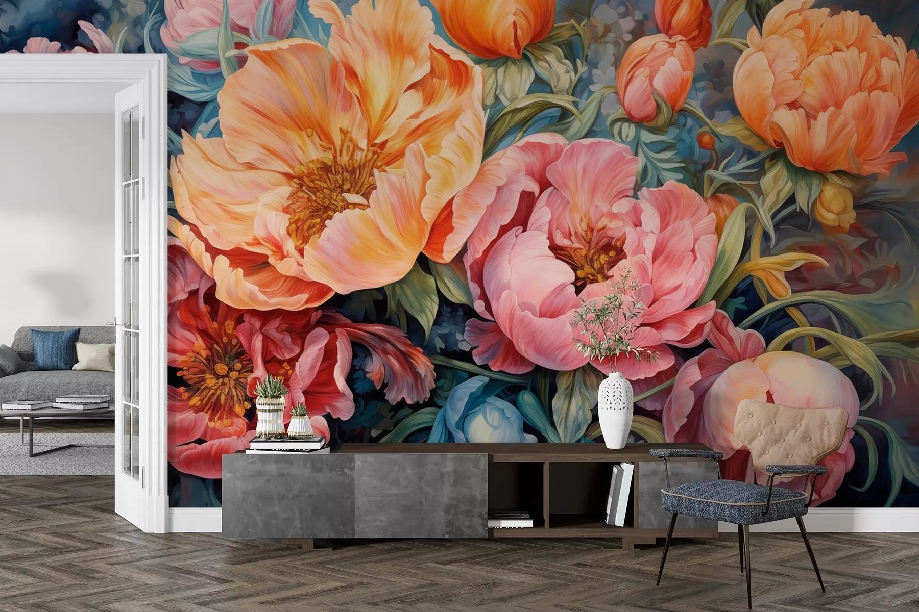 Papier peint Tulipes et pivoines, une composition florale dans le style du coup de pinceau à l'huile w08817