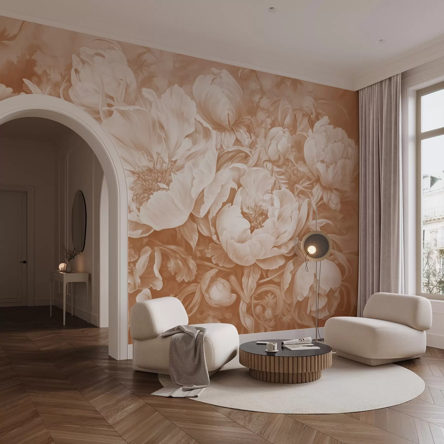 Papier peint Tulipes et pivoines, une composition florale dans un style de pinceau à l'huile beige w08817v1