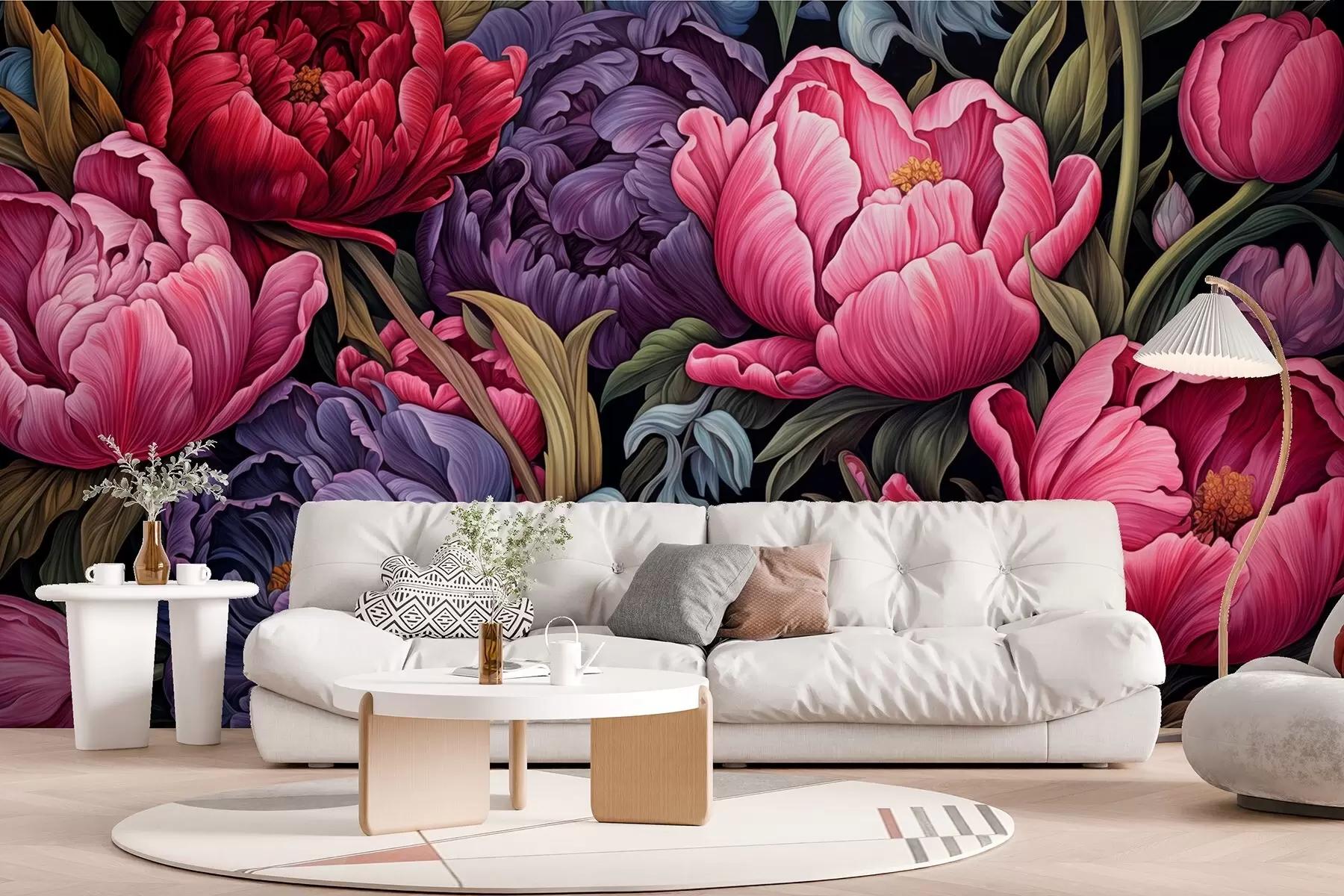 Papier peint Tulipes et pivoines de style victorien, dans les tons rose et violet w08818