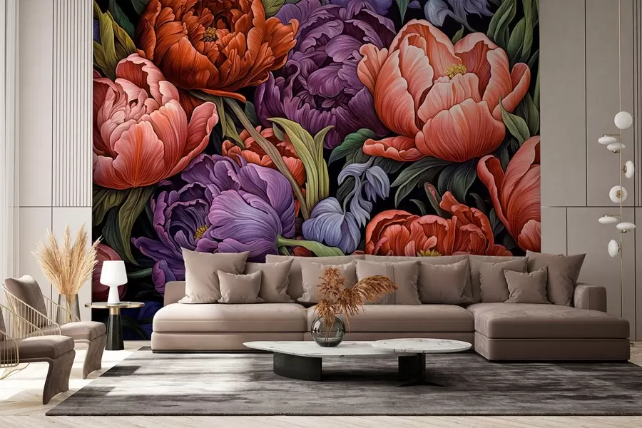 Papier peint Tulipes et pivoines de style victorien, dans les tons rouge et violet w08818v1