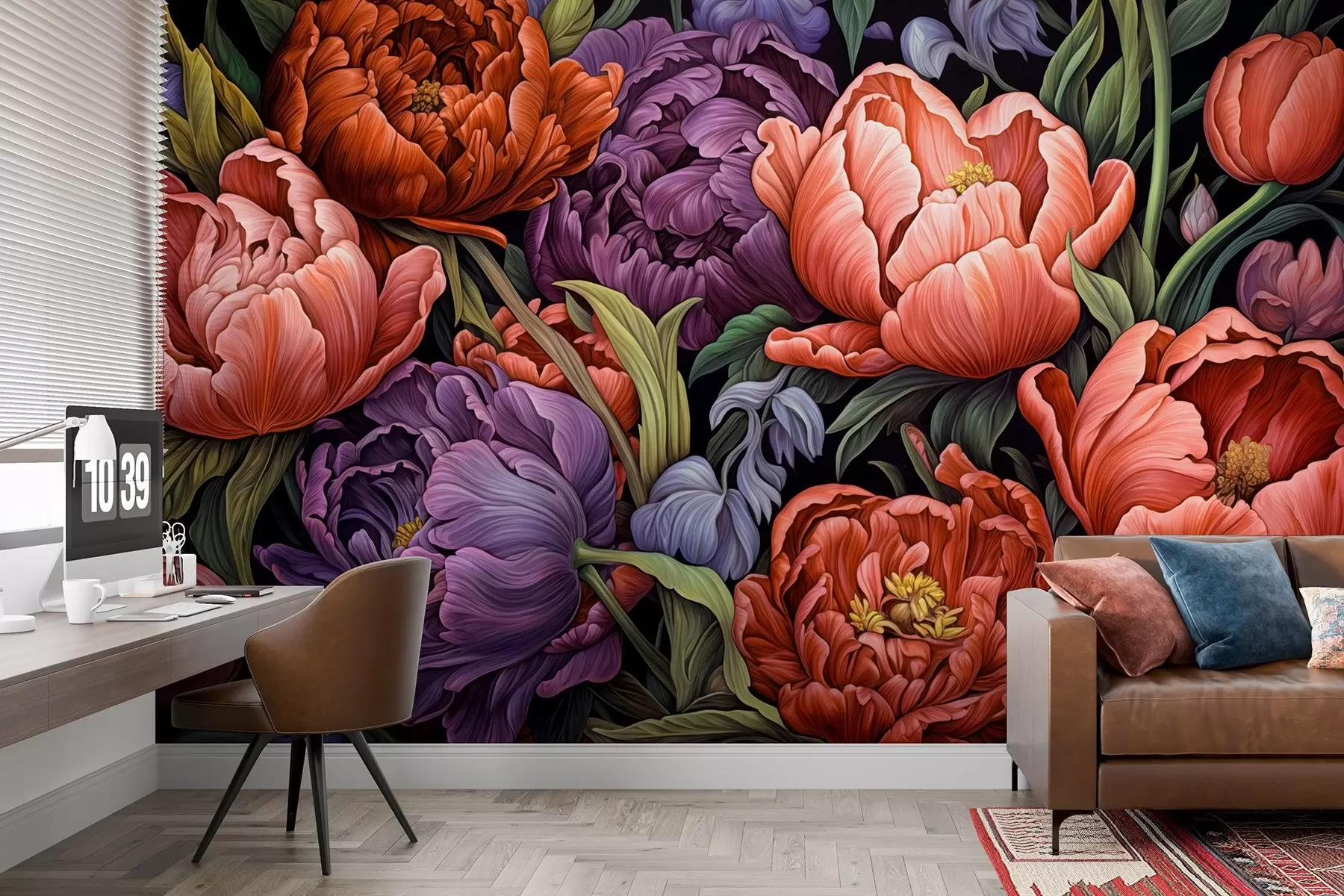 Papier peint Tulipes et pivoines de style victorien, dans les tons rouge et violet w08818v1