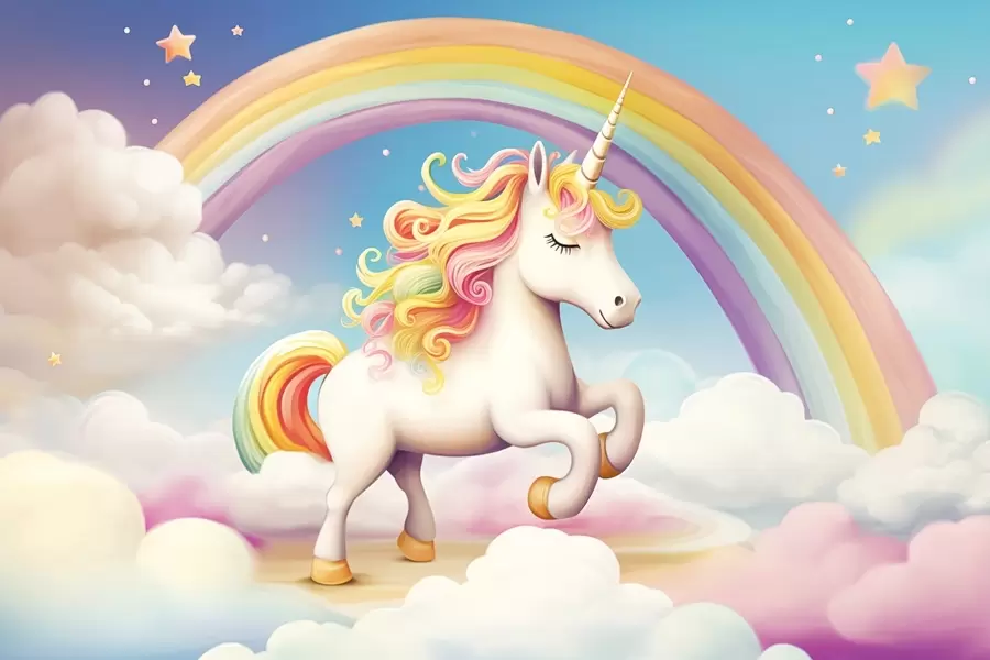Papier peint Un cheval licorne avec un arc-en-ciel, des nuages et un ciel étoilé w08820