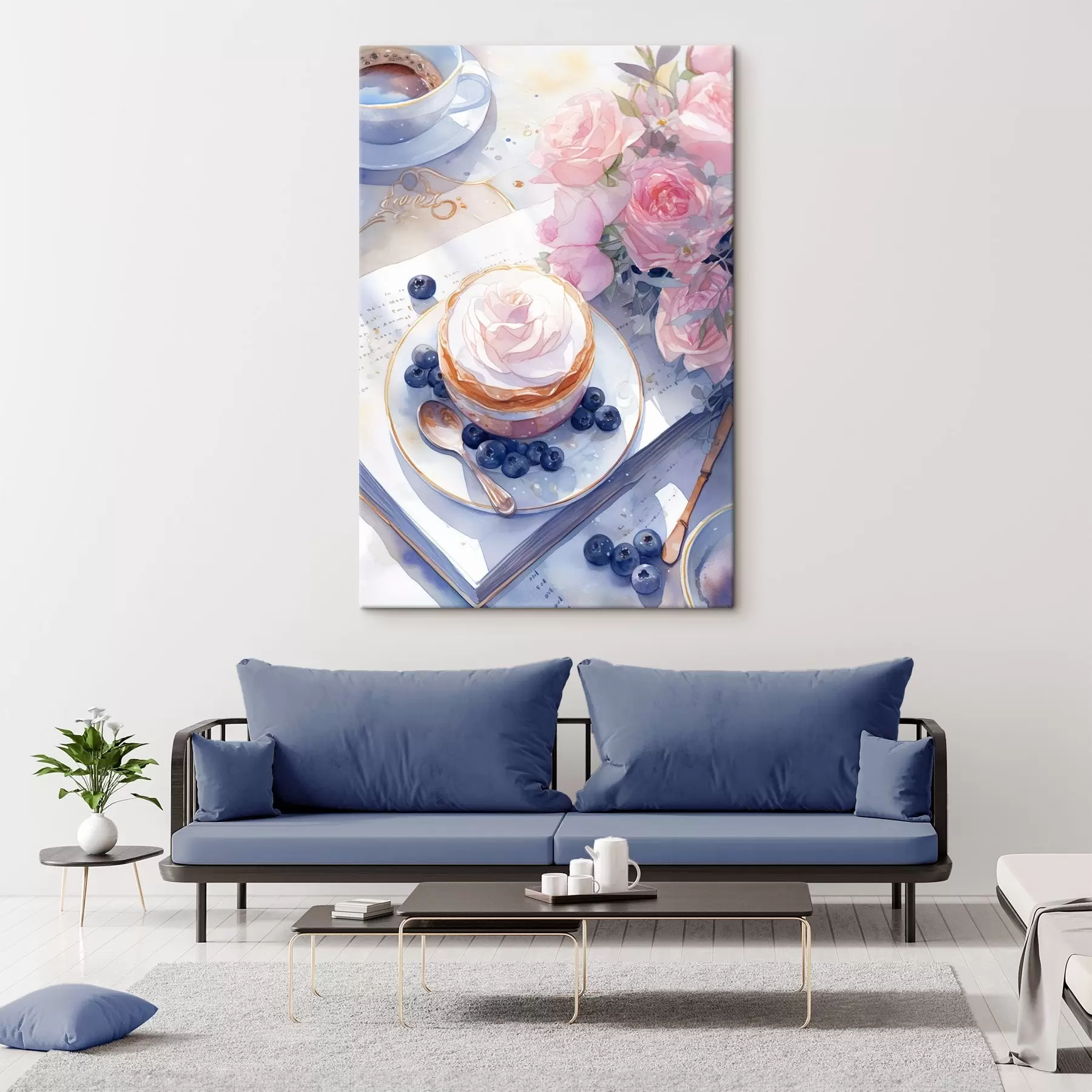 Tableau Cupcake aux myrtilles, style boho, aquarelle, roses roses, poétique  s43053