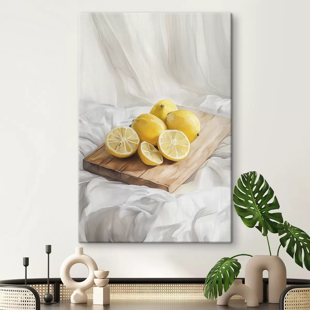 Tableau Citrons esthétiques sur la planche en bois, décoration intérieure, éclairage naturel  s43062