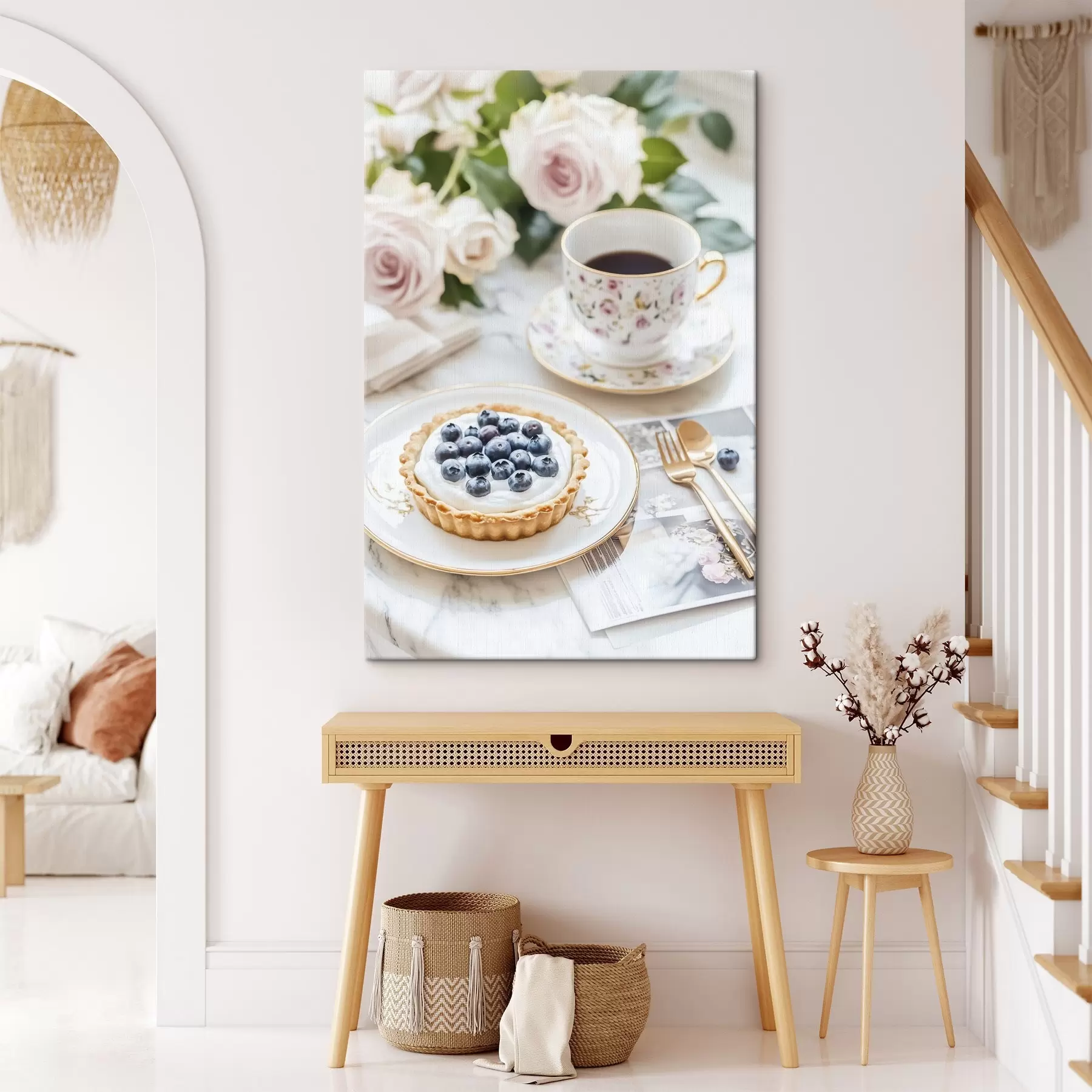 Tableau Cupcake aux myrtilles avec tasse de thé, style boho, roses roses s43066