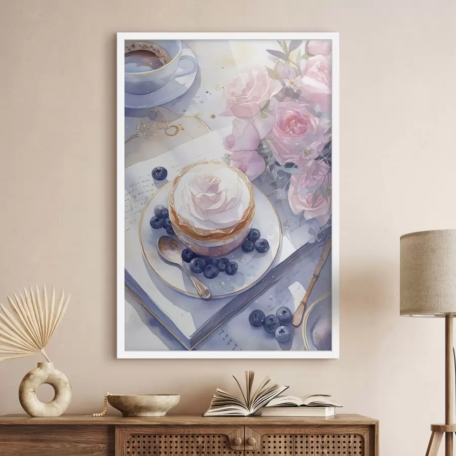 Papier peint Cupcake aux myrtilles, style boho, aquarelle, roses roses, poétique f43053
