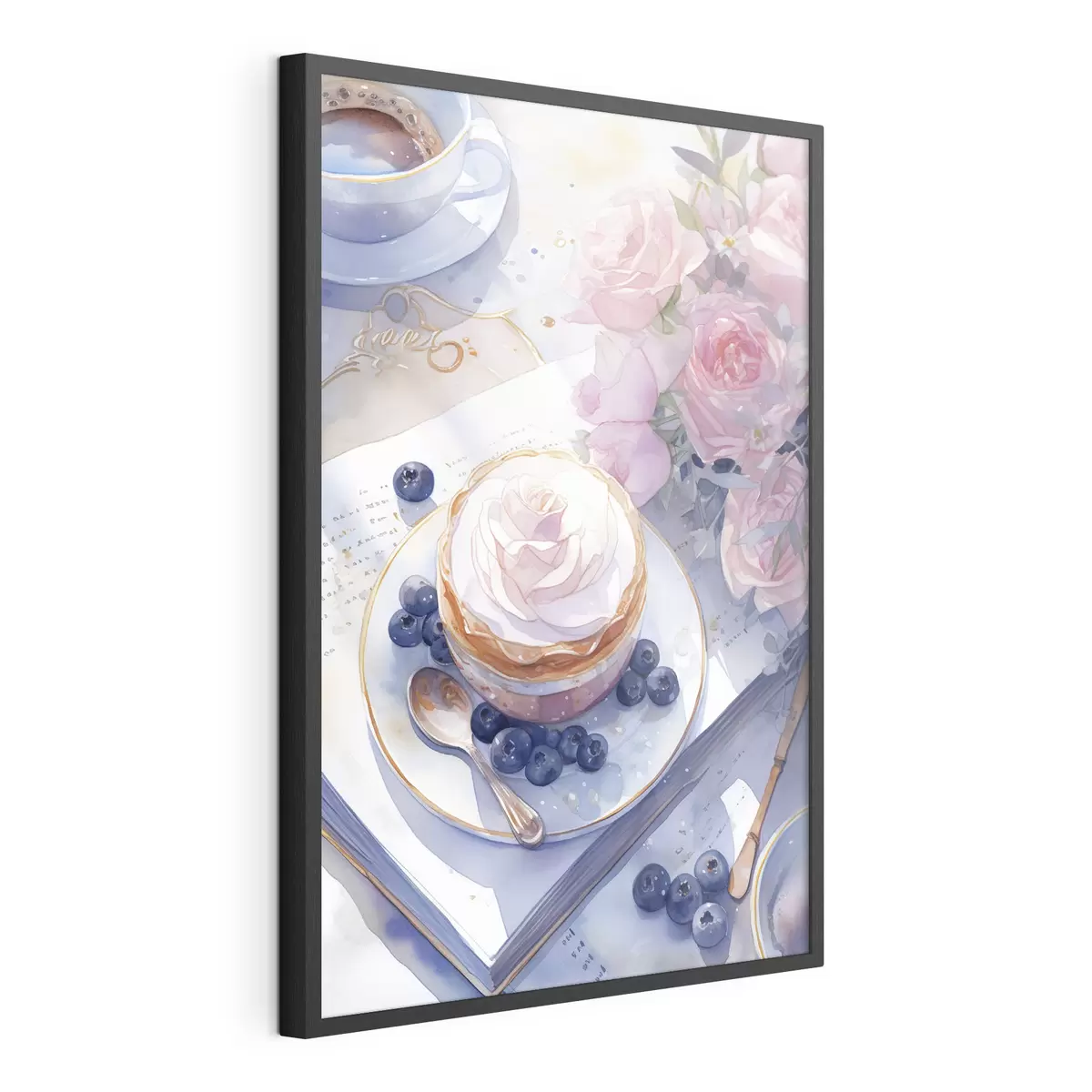Poster Cupcake aux myrtilles, style boho, aquarelle, roses roses, poétique f43053