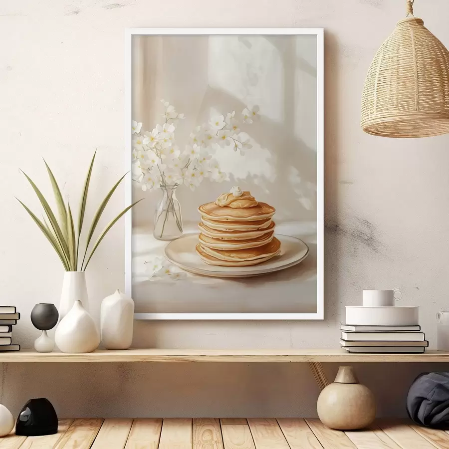 Papier peint Délicieuses crêpes au beurre de cacahuètes, style aquarelle, vase avec fleurs blanches f43063