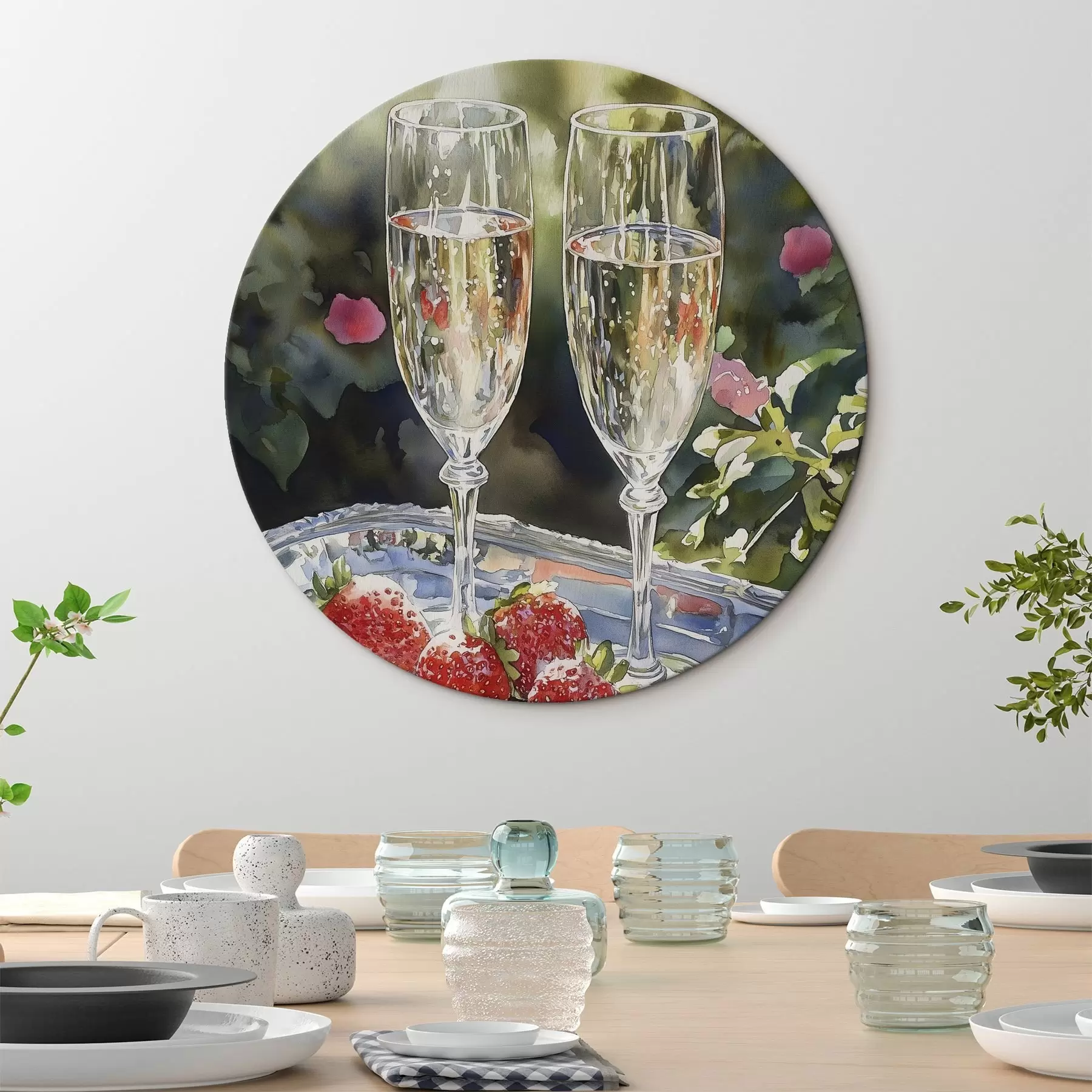 Tableau Coupes de champagne festives et pétillantes avec des fraises sur le plateau r43057