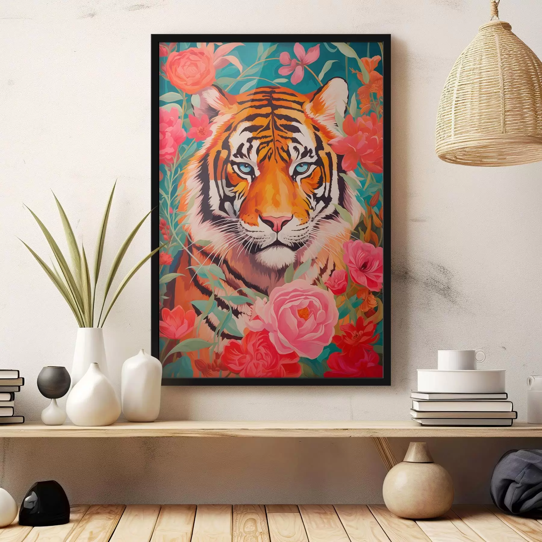 Papier peint Le regard hypnotique d'un tigre au milieu de roses éclatantes f43132