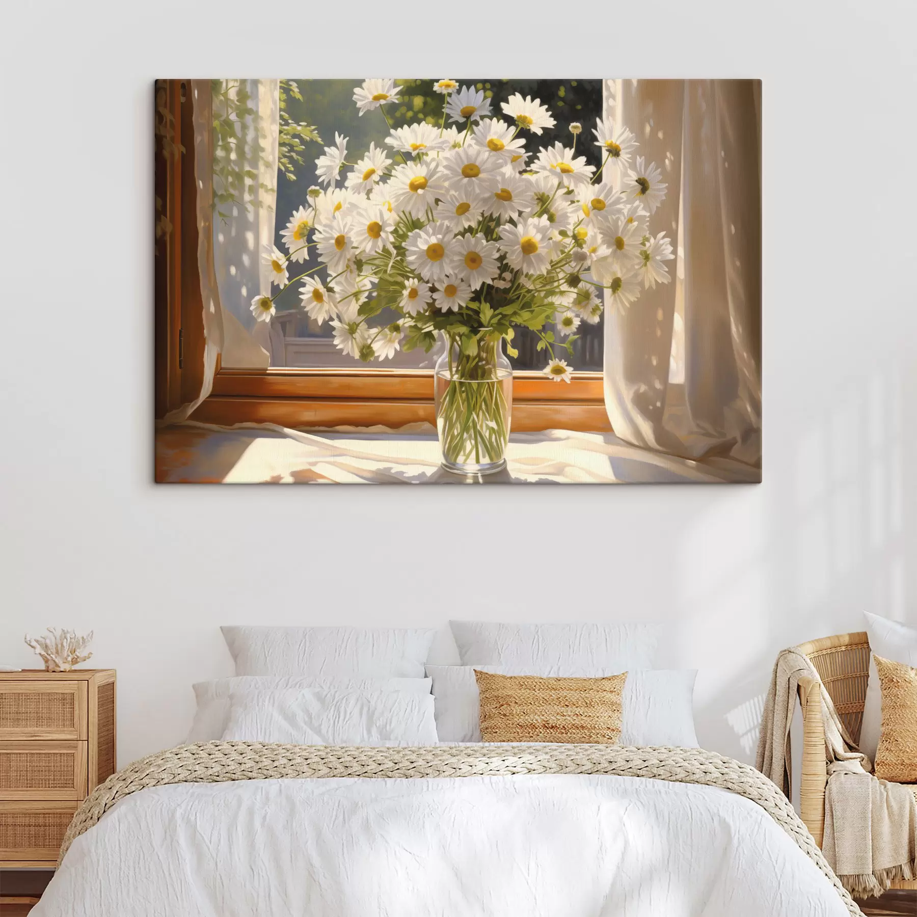 Tableau Peinture à l'huile imitant un vase avec des marguerites blanches sur un rebord de fenêtre, journée ensoleillée, palette de couleurs chaudes s43171