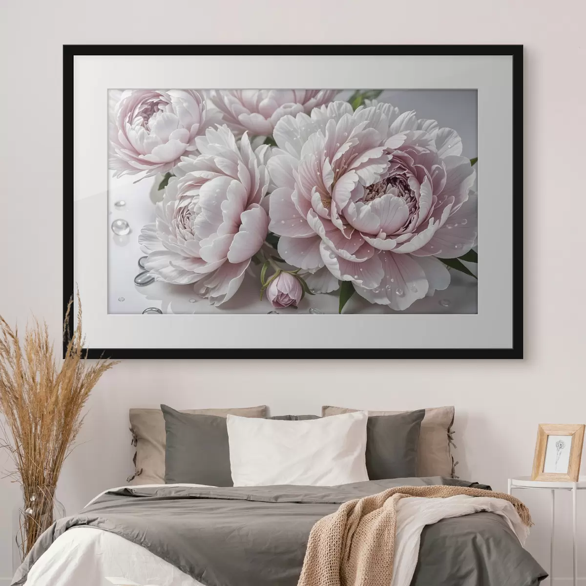 Poster Pivoines roses pâles et blanches avec des gouttes d'eau sur les pétales, le fond est une surface blanche f43158