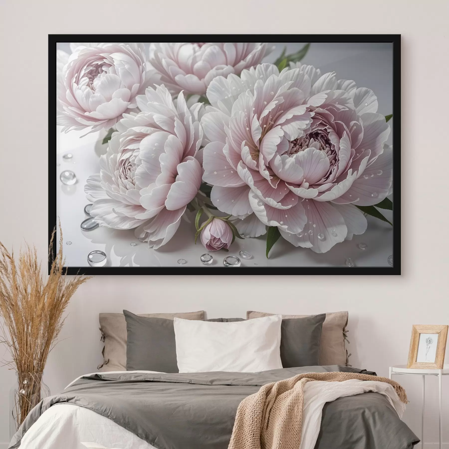 Papier peint Pivoines roses pâles et blanches avec des gouttes d'eau sur les pétales, le fond est une surface blanche f43158