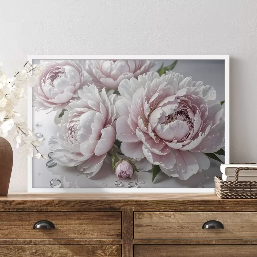 Papier peint Pivoines roses pâles et blanches avec des gouttes d'eau sur les pétales, le fond est une surface blanche f43158