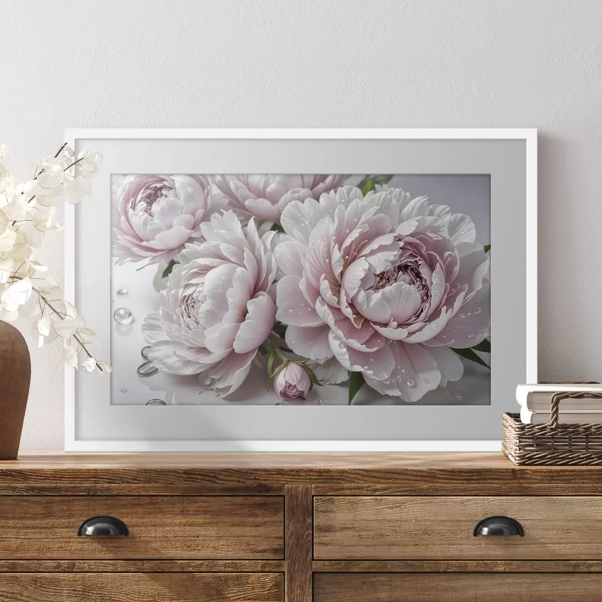 Poster Pivoines roses pâles et blanches avec des gouttes d'eau sur les pétales, le fond est une surface blanche f43158