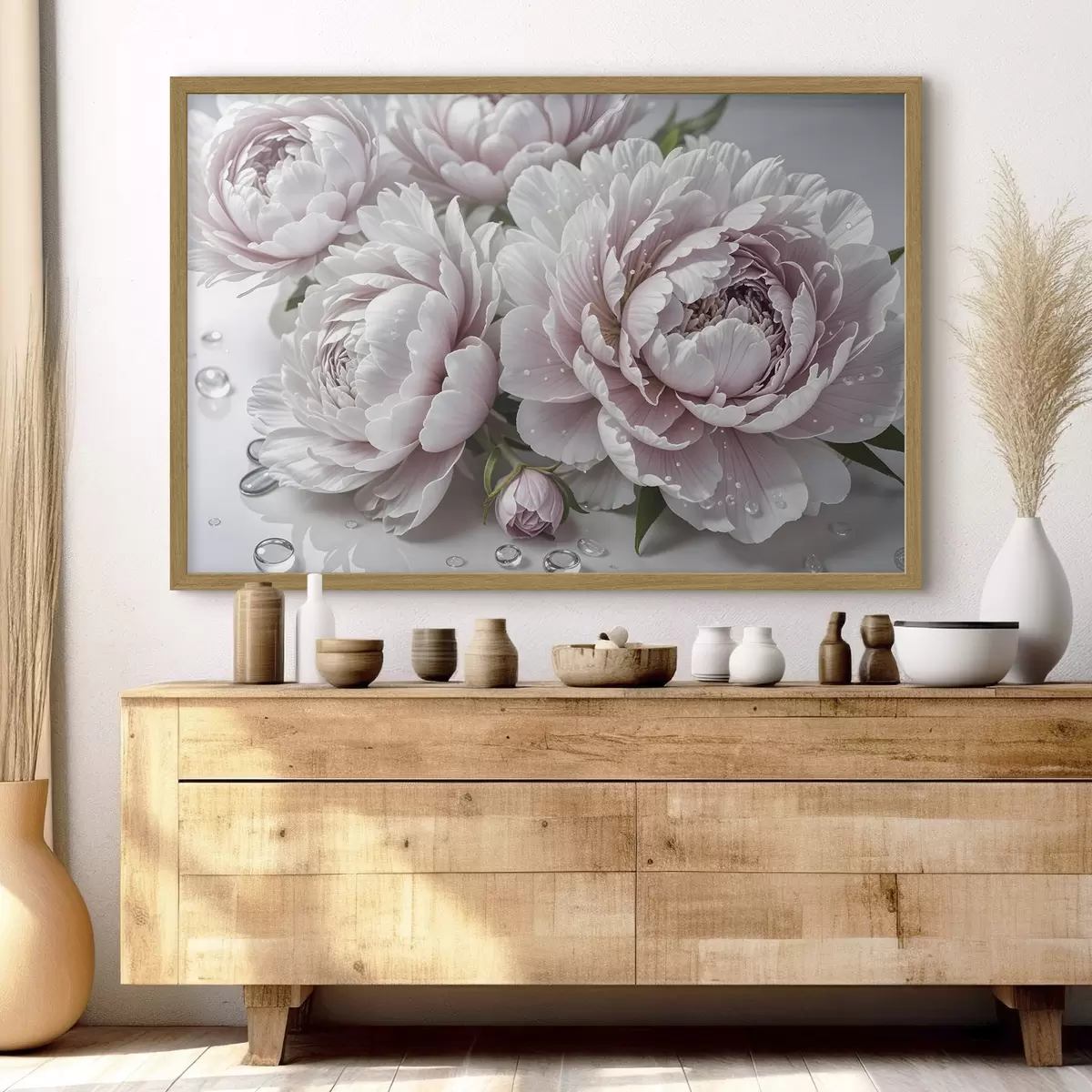 Poster Pivoines roses pâles et blanches avec des gouttes d'eau sur les pétales, le fond est une surface blanche f43158