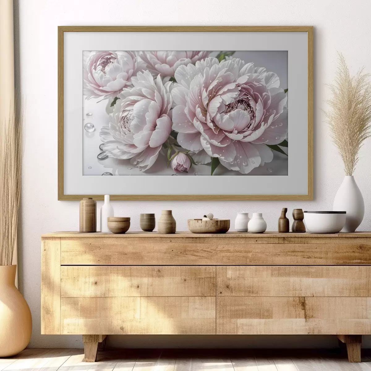 Poster Pivoines roses pâles et blanches avec des gouttes d'eau sur les pétales, le fond est une surface blanche f43158