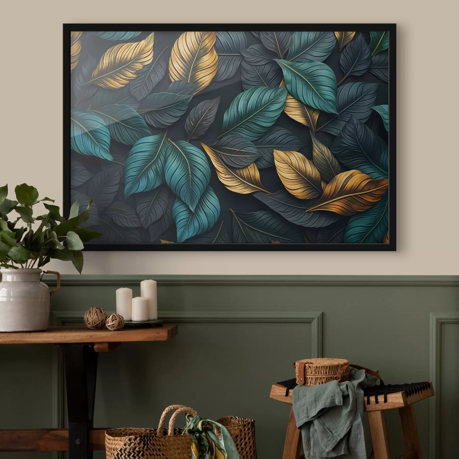 Tableau Feuilles vert foncé, jaunes et noires avec des veines foncées, sur un fond sombre, élégante ambiance tropicale f43164