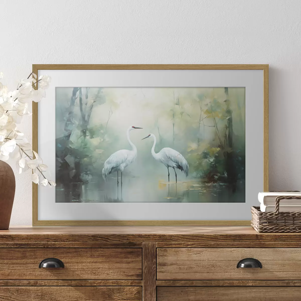 Poster Deux grues blanches se tenant dans un étang, entourées d'une forêt verdoyante avec un éclairage doux et diffus f43166