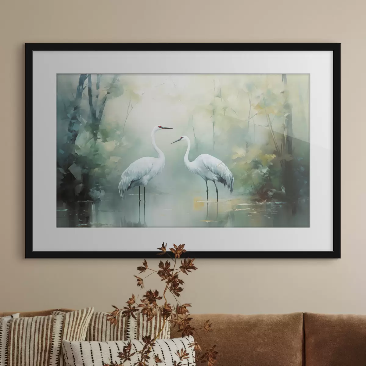 Poster Deux grues blanches se tenant dans un étang, entourées d'une forêt verdoyante avec un éclairage doux et diffus f43166