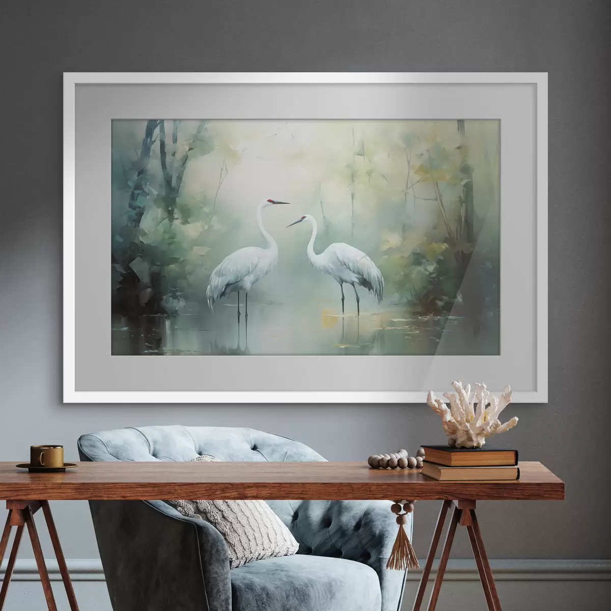 Poster Deux grues blanches se tenant dans un étang, entourées d'une forêt verdoyante avec un éclairage doux et diffus f43166