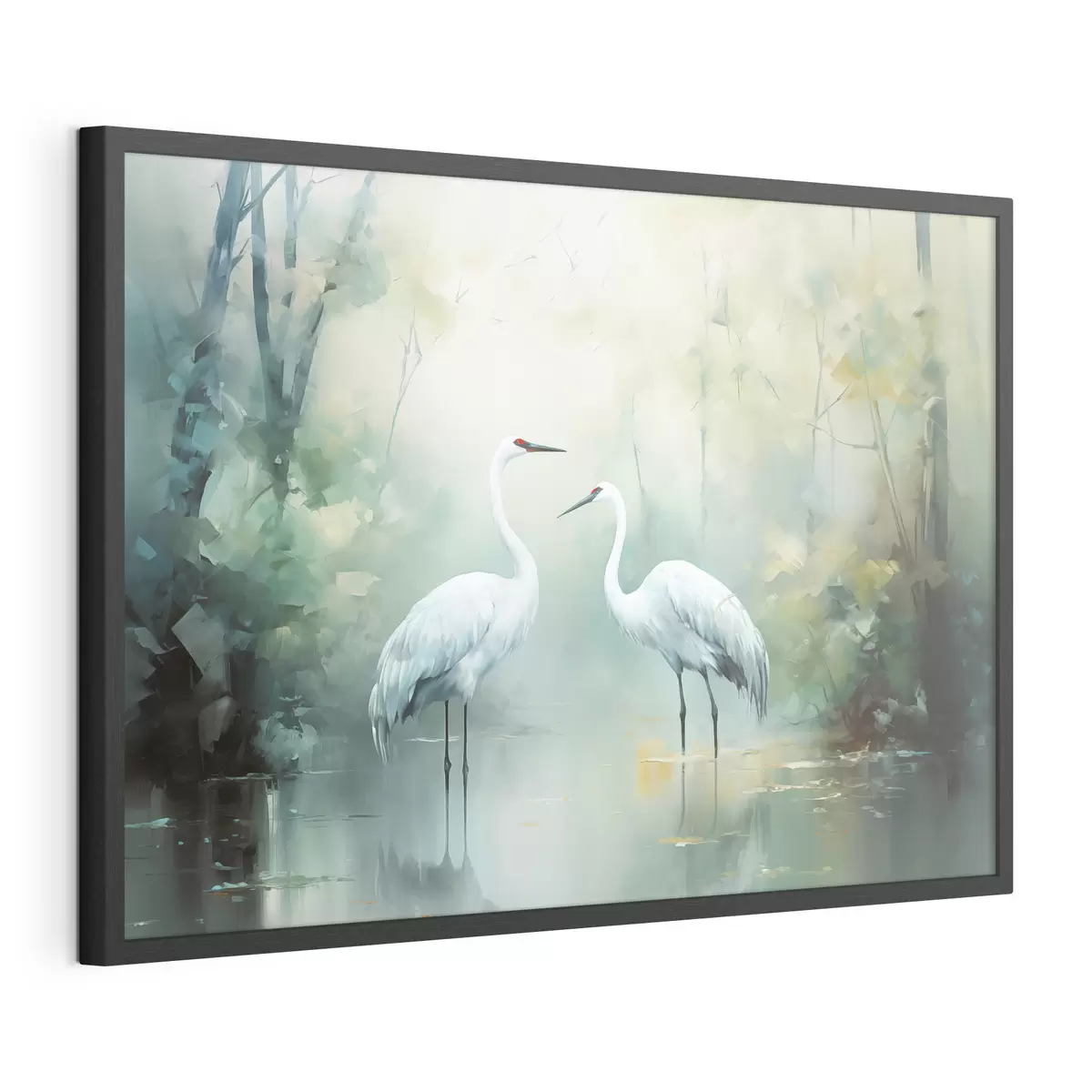 Poster Deux grues blanches se tenant dans un étang, entourées d'une forêt verdoyante avec un éclairage doux et diffus f43166
