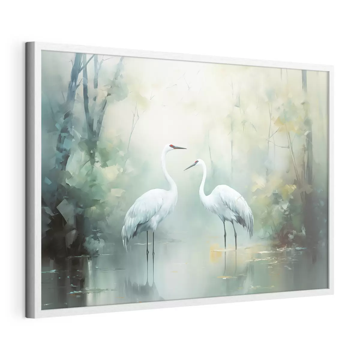Poster Deux grues blanches se tenant dans un étang, entourées d'une forêt verdoyante avec un éclairage doux et diffus f43166
