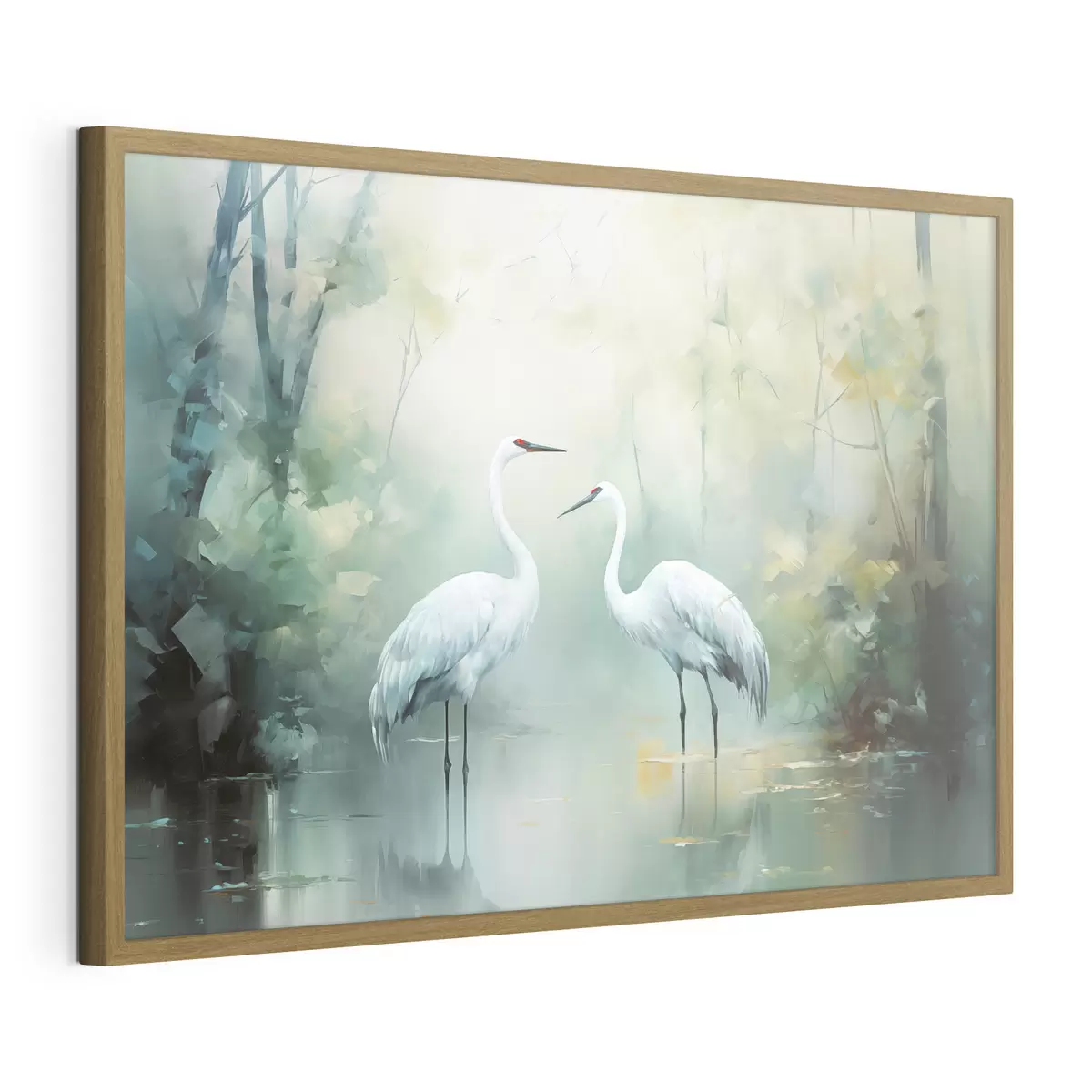 Poster Deux grues blanches se tenant dans un étang, entourées d'une forêt verdoyante avec un éclairage doux et diffus f43166