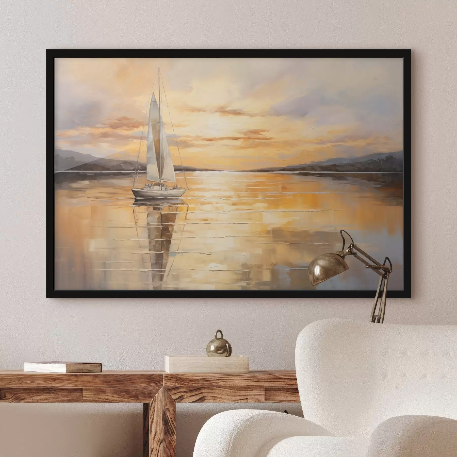 Papier peint Peinture de paysage avec un voilier sur une mer calme, ciel orange et jaune, montagnes lointaines f43169
