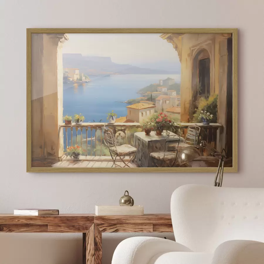 Papier peint Peinture à l'huile imitation balcon avec fleurs, vue sur la mer, maisons sur la côte, journée ensoleillée, ciel bleu f43173