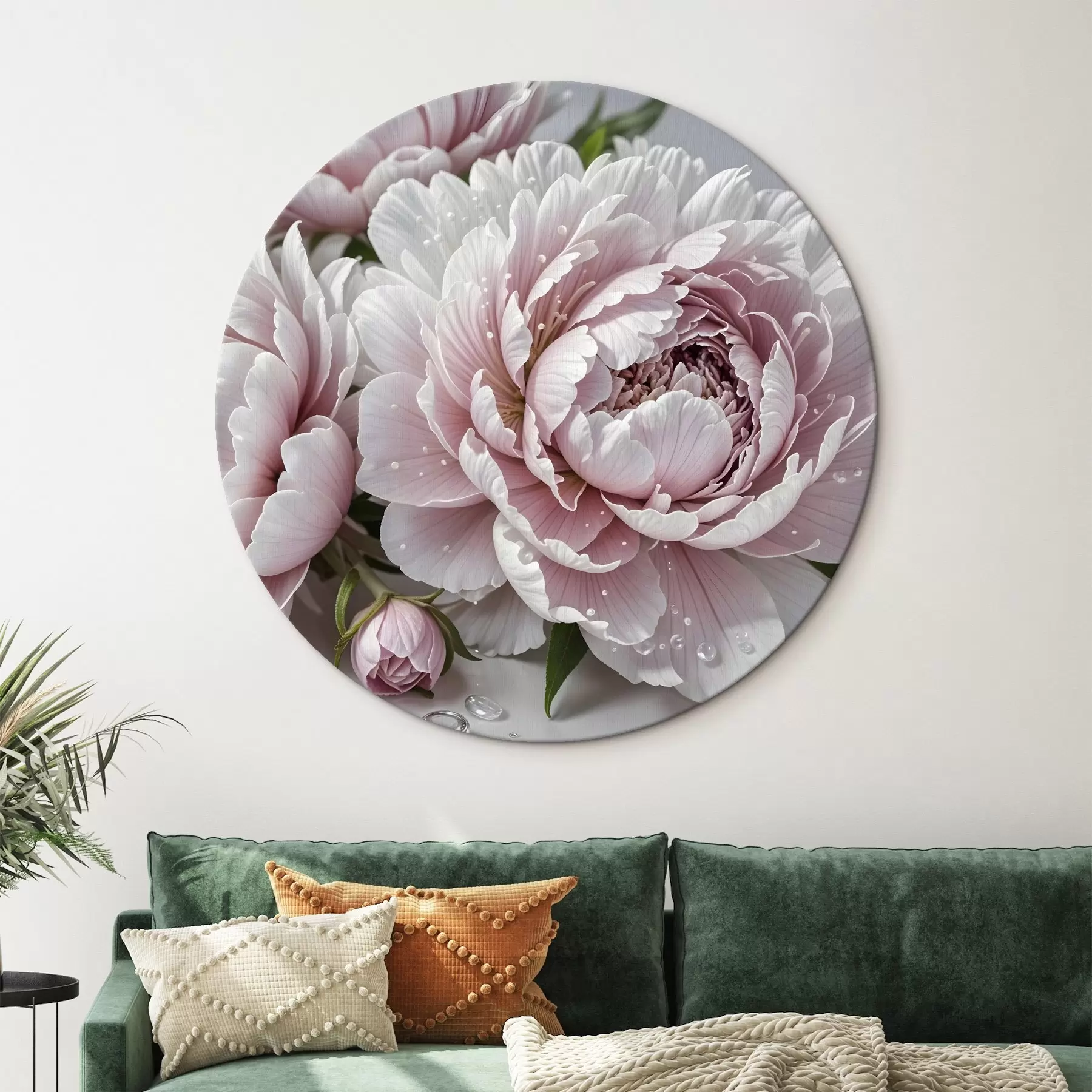 Tableau Pivoines roses pâles et blanches avec des gouttes d'eau sur les pétales, le fond est une surface blanche r43158