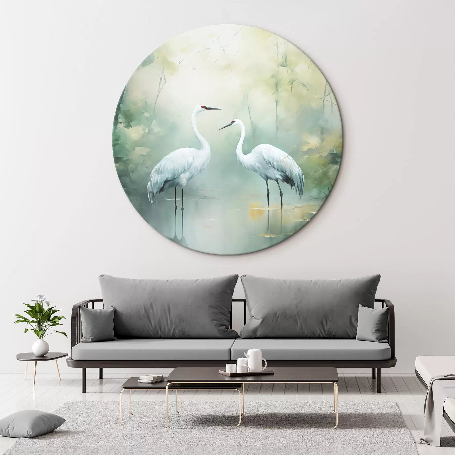 Tableau Deux grues blanches se tenant dans un étang, entourées d'une forêt verdoyante avec un éclairage doux et diffus r43166