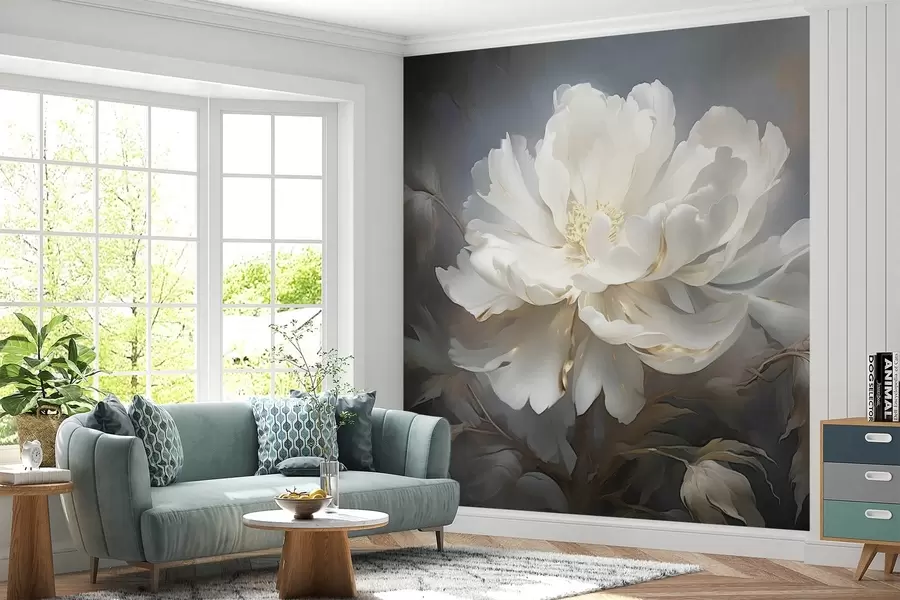 Papier peint Grande fleur blanche abstraite sur fond sombre w08859