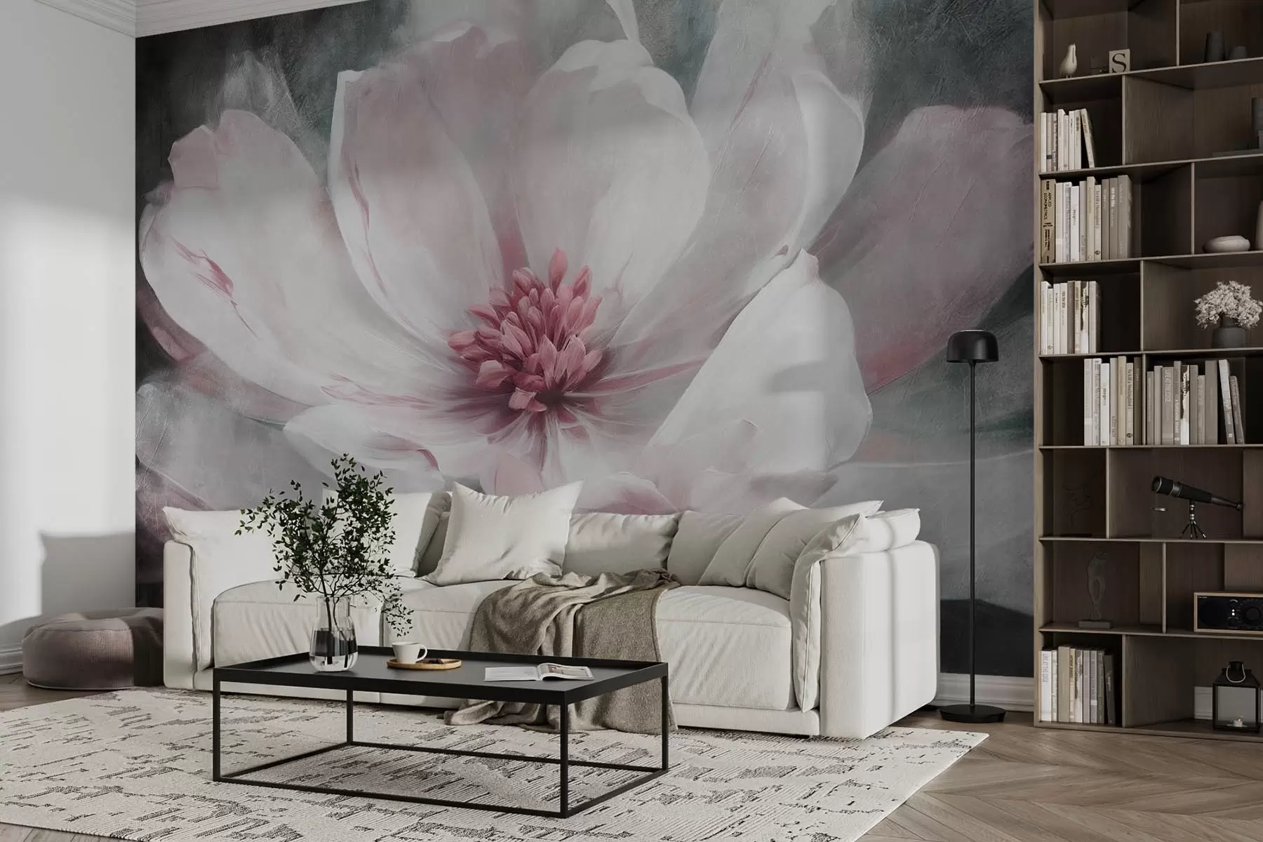Papier peint Grande fleur abstraite blanche avec rose w08864