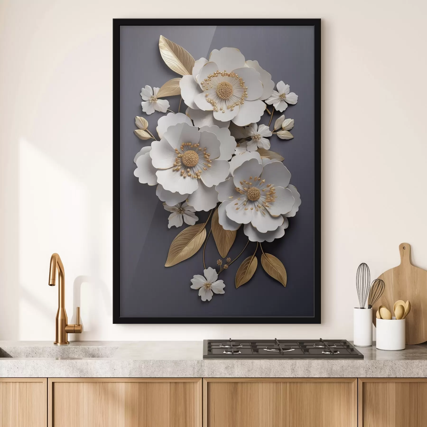 Papier peint Trois fleurs blanches sur fond sombre f43129
