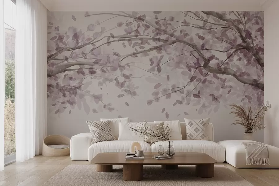 Papier peint Branches fleuries avec feuilles roses, couleurs douces, détails délicats, style aquarelle, sur fond clair w08867